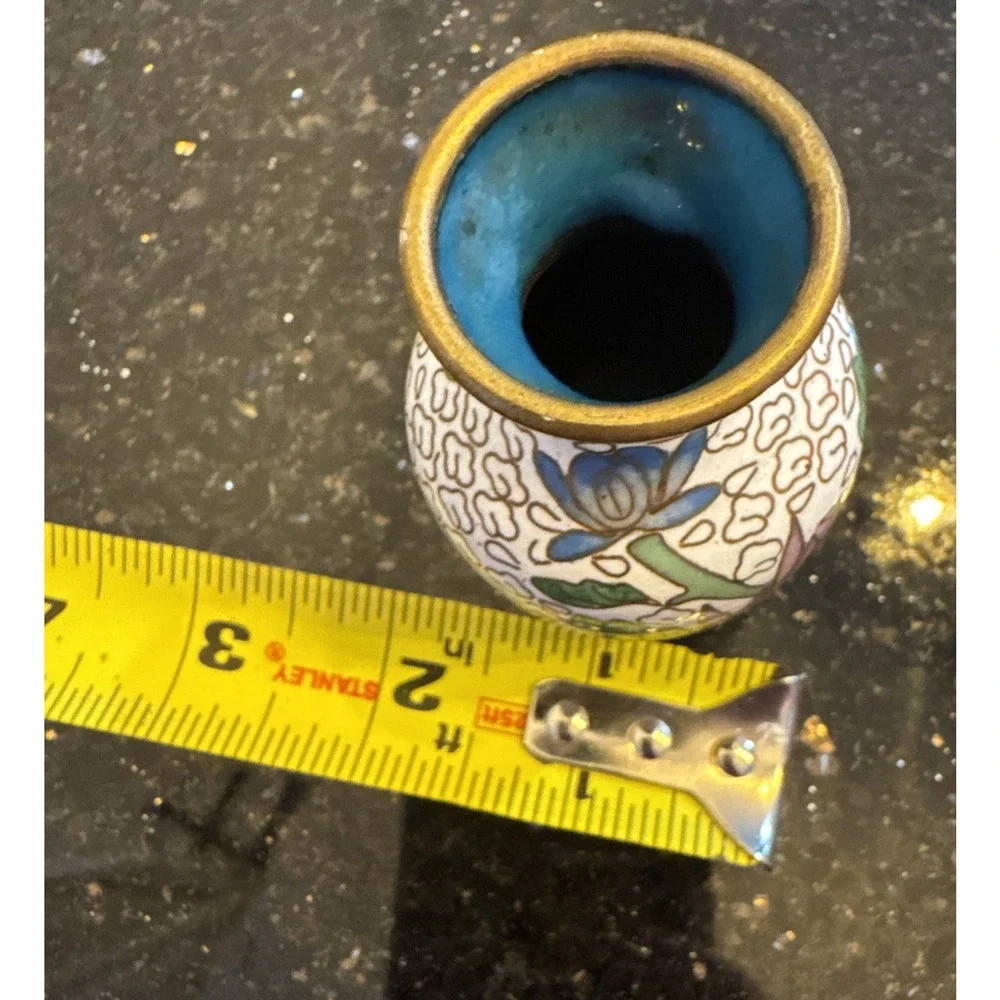 VTG Chinese Cloisonné Floral Bird Enamel Brass Mini Vase White Purple Yellow